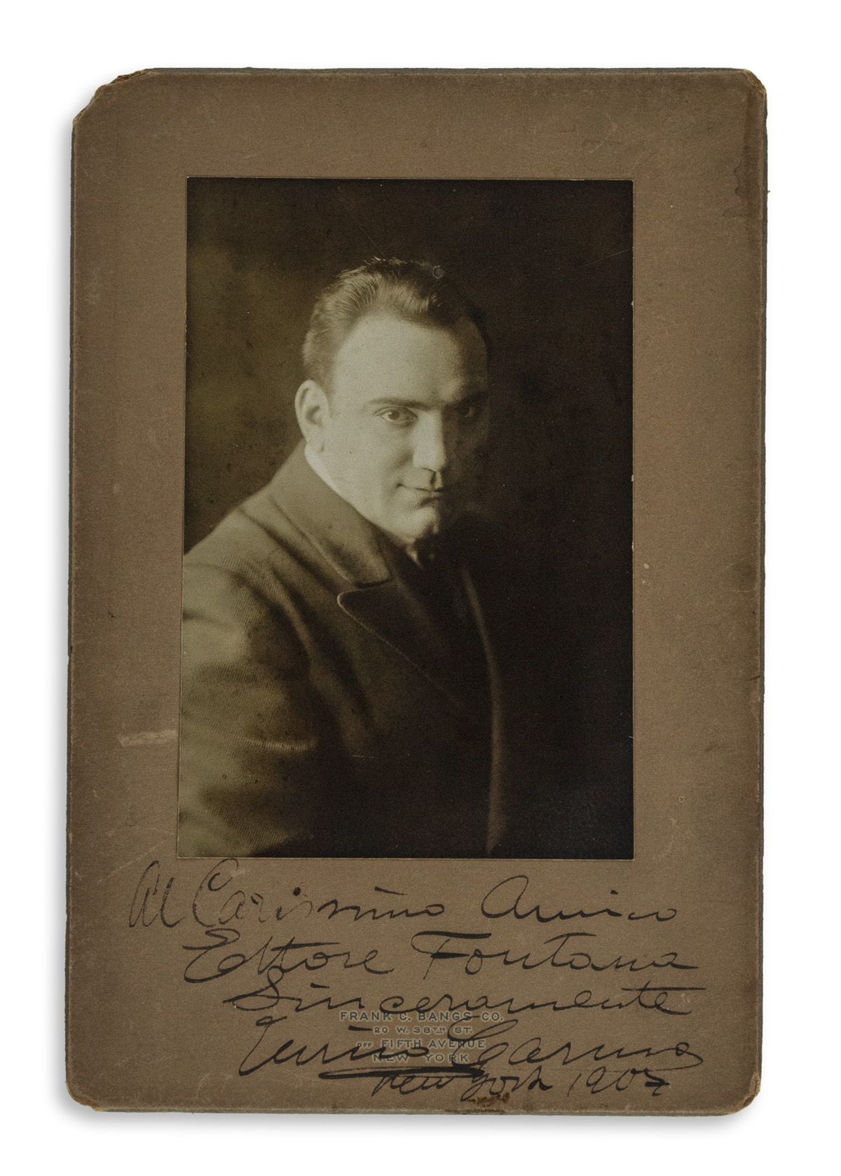 CARUSO, ENRICO. Photograph Signed and Inscribed, To My Dear Friend / Ettore Fontana / Sincerely,